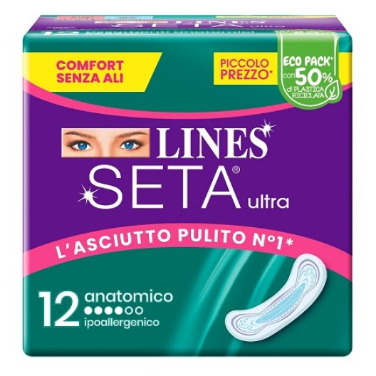 Lines Seta Ultra assorbente Anatomico ipoallergenico - 12 assorbenti per flussi normali o leggeri Lines Seta Ultra assorbente Anatomico ipoallergenico - 12 assorbenti per flussi normali o leggeri