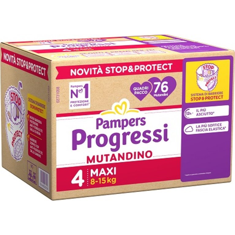 Pampers progressi mutandino quadri maxi taglia 4 (8-15 kg) 76 pezzi - quadripack Pampers progressi mutandino quadri maxi taglia 4 (8-15 kg) 76 pezzi - quadripack