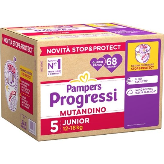 Pampers progressi mutandino quadri junior taglia 5 (12-18 kg) 68 pezzi - quadripack