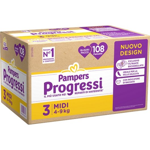 Pampers quadri progressi midi taglia 3 (4-9 kg) 108 pannolini - quadripack Pampers quadri progressi midi taglia 3 (4-9 kg) 108 pannolini - quadripack