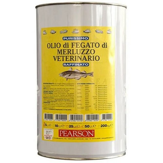 Olio di Fegato di Merluzzo Veterinario Purissimo Pearson - latta da 5 litri Olio di Fegato di Merluzzo Veterinario Purissimo Pearson - latta da 5 litri