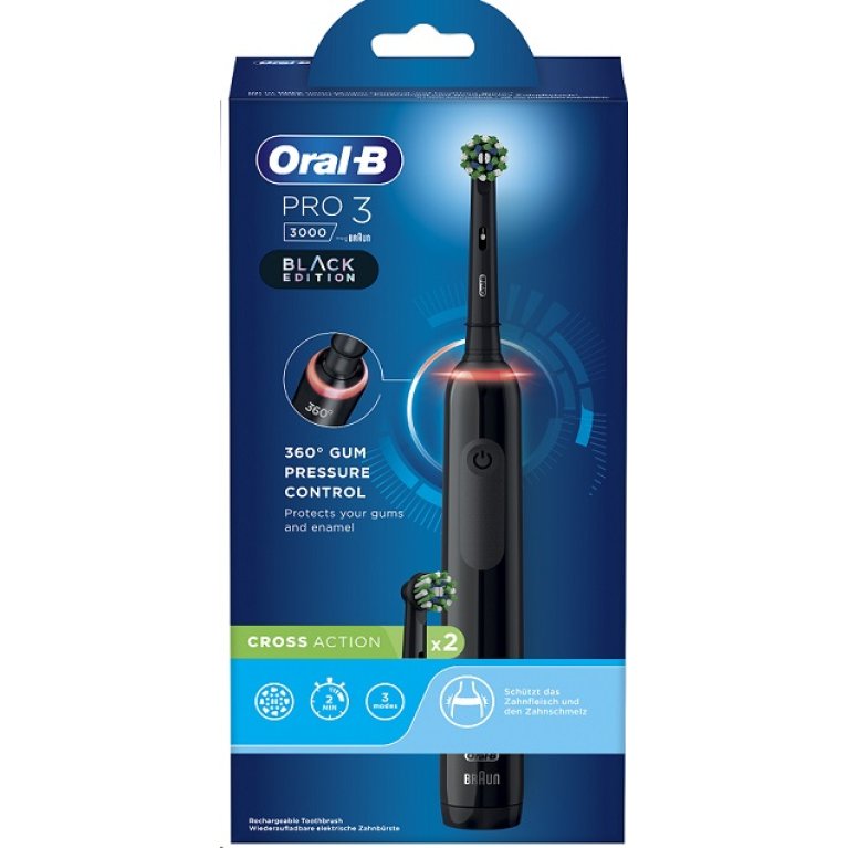 Oral B spazzolino elettrico Pro 3 + 2 testine corss action - nero Oral B spazzolino elettrico Pro 3 + 2 testine corss action - nero