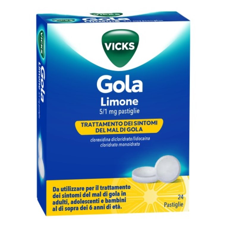 Vicks Gola Pastiglie Limone - 24 pastiglie disinfettanti e anestetiche Vicks Gola Pastiglie Limone - 24 pastiglie disinfettanti e anestetiche