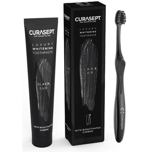 Curasept Luxury Black Lux - Dentifricio sbiancante al carbone bioattivo + Spazzolino sbiancante al carbone attivo - 75 ml