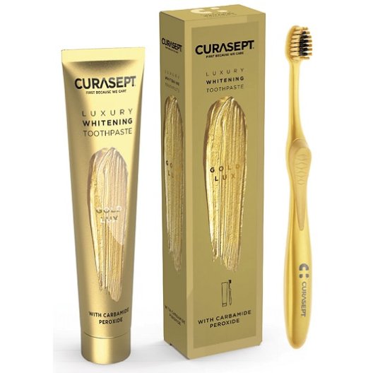 Curasept Luxury Gold Lux - Dentifricio sbiancante con microperle di oro e argento + spazzolino sbiancante al carbone attivo - 75 ml