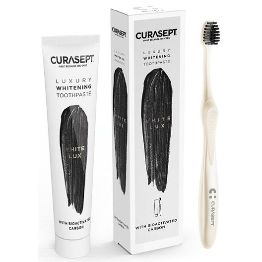 Curasept Luxury White Lux - dentifricio sbiancante con carbone bioattivo + spazzolino sbiancante al carbone attivo - 75 ml