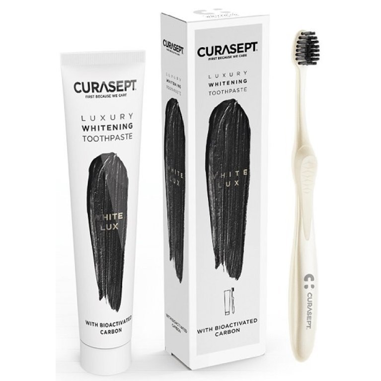Curasept Luxury White Lux - dentifricio sbiancante con carbone bioattivo + spazzolino sbiancante al carbone attivo - 75 ml