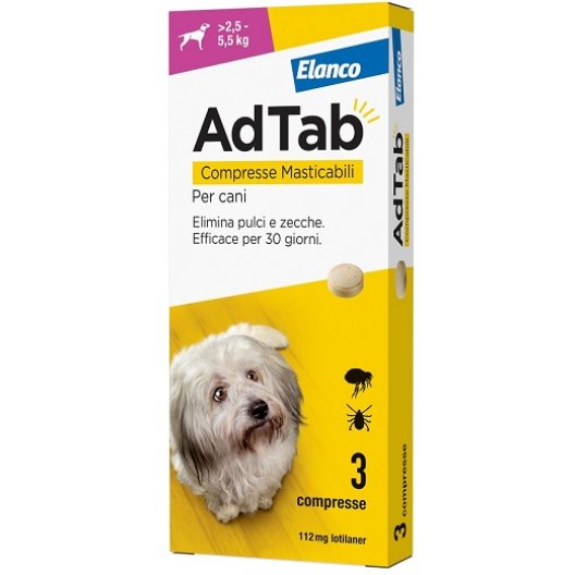 Adtab Cani - elimina pulci e zecche - per cani da 2,5 a 5,5 Kg - 3 compresse masticabili gusto carne