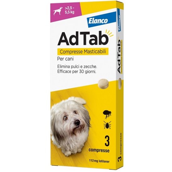 Adtab Cani - elimina pulci e zecche - per cani da 2,5 a 5,5 Kg - 3 compresse masticabili gusto carne