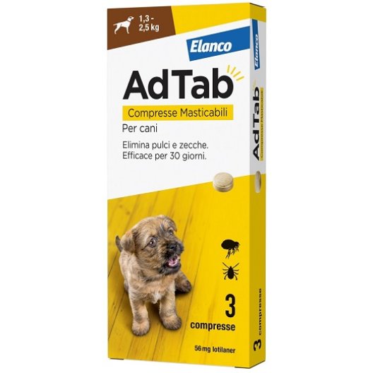 Adtab Cani - elimina pulci e zecche - da 1,3 a 2,5 Kg - 3 compresse masticabili gusto carne