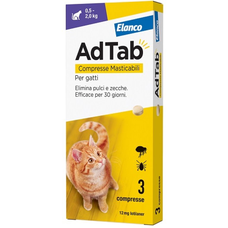 Adtab Gatti - elimina pulci e zecche - da 0,5 a 2 Kg - 3 compresse masticabili gusto carne