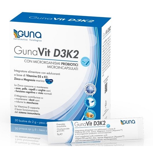 Gunavit D3K2 integratore di vitamina D3 e K2 - 30 bustine gusto albicocca Gunavit D3K2 integratore di vitamina D3 e K2 - 30 bustine gusto albicocca