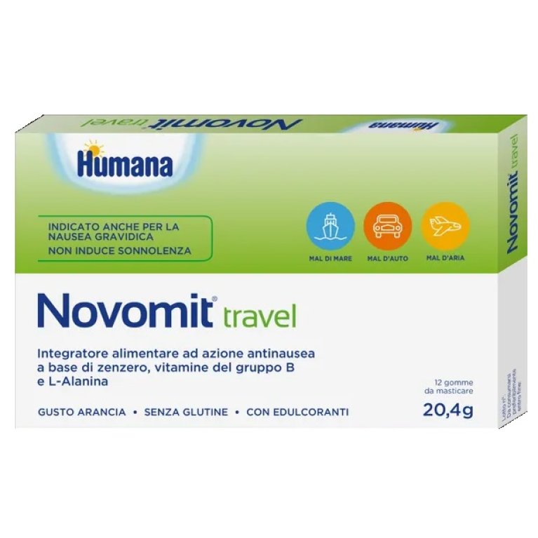Novomit Travel Gomme Antinausea anche per bambini – Zenzero e Vitamine – 12 Pezzi