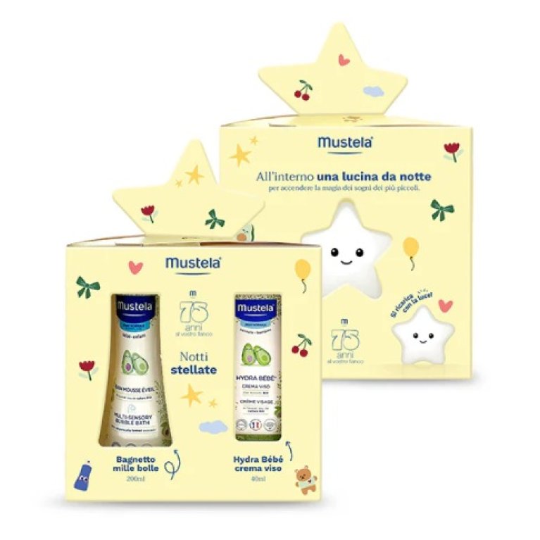 Mustela Cofanetto Notti Stellate - Bagnetto millebolle, Hydra Bebè viso, Lucina per la notte