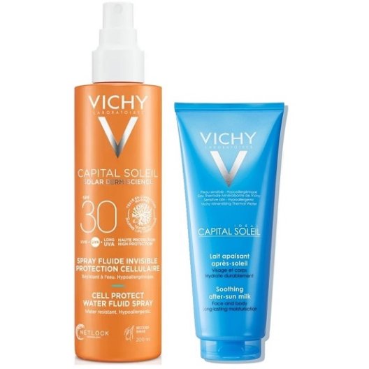Vichy Capital Soleil Latte fluido spray SPF30+ resistente all'acqua 200 ml + doposole 100 ml in omaggio