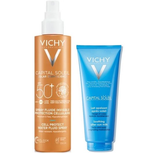 Vichy Capital Soleil Latte fluido spray SPF50+ resistente all'acqua 200 ml + doposole 100 ml in omaggio