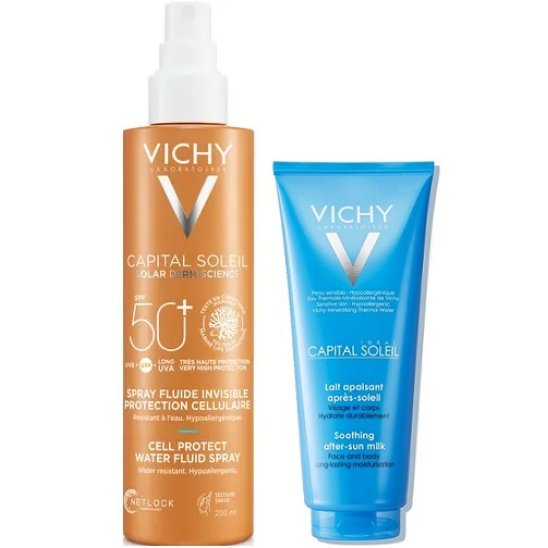 Vichy Capital Soleil Latte fluido spray SPF50+ resistente all'acqua 200 ml + doposole 100 ml in omaggio