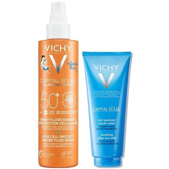 Vichy Capital Soleil Latte fluido spray 50+ per bambini resistente all'acqua 200 ml + doposole 100 ml in omaggio