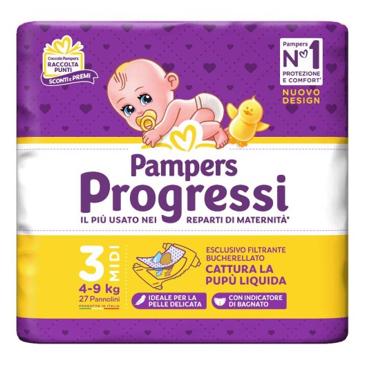 Pampers progressi Midi Taglia 3 (4-9 Kg) - 27 pannolini Pampers progressi Midi Taglia 3 (4-9 Kg) - 27 pannolini